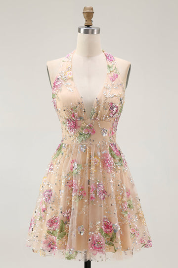 Sparkly Halter Floral Champagne A Line Halter Sequins Cocktail Dress